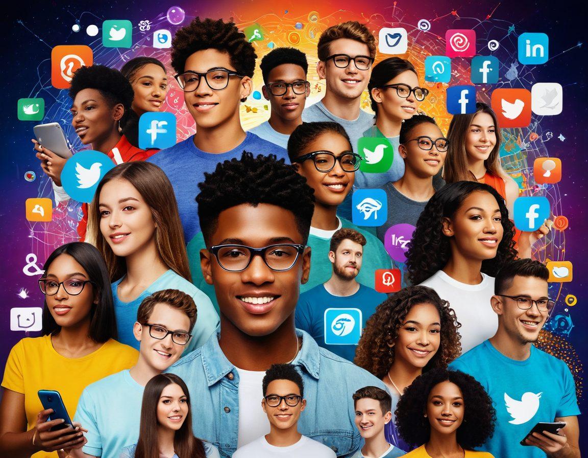 A vibrant digital collage featuring diverse young people engaging on various social media platforms, surrounded by interconnected networks of colorful icons and symbols representing communication, collaboration, and creativity. The background should include elements of technology and digital landscapes, depicting a bright future fueled by connection and innovation. super-realistic. vibrant colors. dynamic composition.