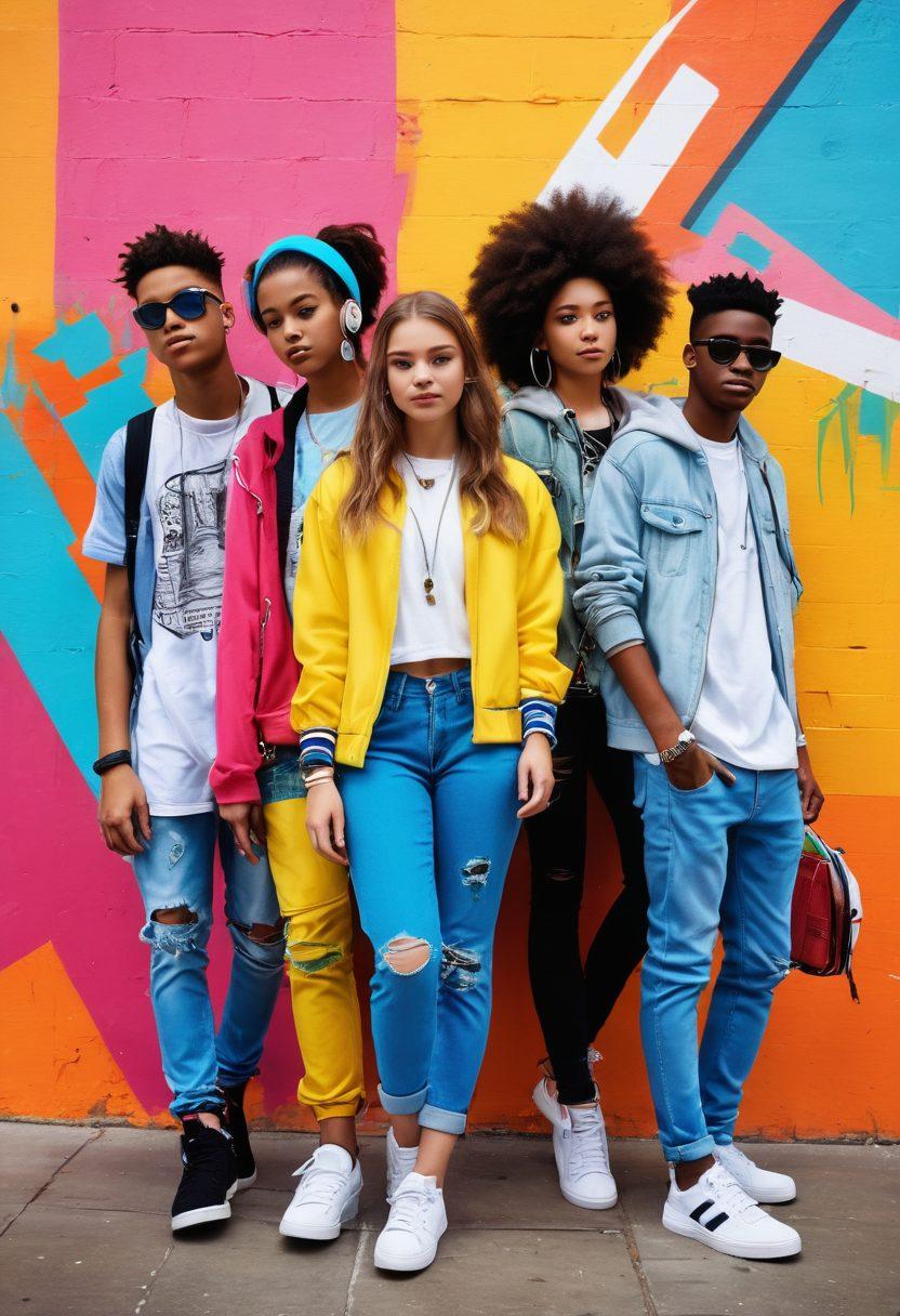 A vibrant, diverse group of teenagers engaged in various modern activities, showcasing technology, fashion, and music. The background features a blend of urban street art and digital elements, symbolizing cultural evolution. Bright colors are emphasized to represent energy and creativity. Include hints of social media icons and fashion accessories. super-realistic. vibrant colors. urban style.