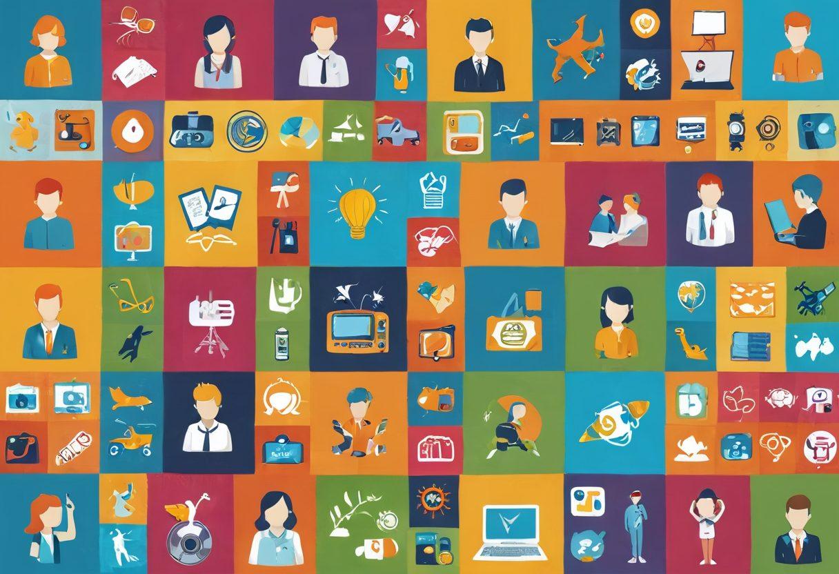 A vibrant collage illustrating the transition of teenage interests, featuring a separated timeline with elements like video games, music, sports, and technology on one side, and more mature pursuits like travel, volunteer work, and career planning on the other. Adorned with colorful icons and silhouettes of teenagers engaging in these activities, set against a dynamic and evolving background that symbolizes growth. vibrant colors. vector art.